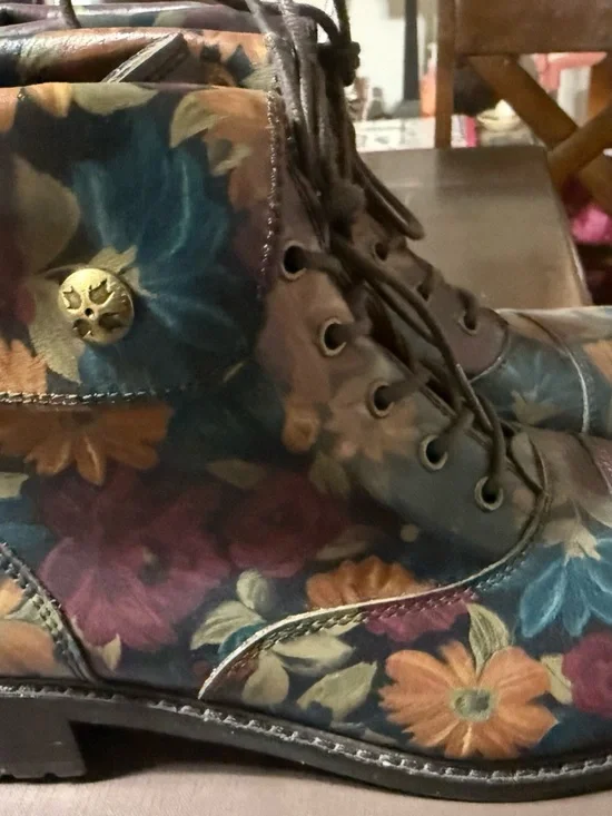 Patricia Nash Floral Leather Lace-Up Ankle Boots in Blue, Brown & Gold Tones - Picture 3 of 10